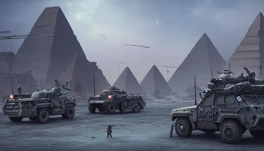 Image similar to a militarized police vehicle with mounted weapons riding through an orwellian egyptian town, ornate pyramids in the background, furious action scene, an epic fantasy, dramatic lighting, cinematic, establishing shot, extremely high detail, photorealistic, cinematic lighting, artstation, octane render, by simon stalenhag, horizon forbidden west