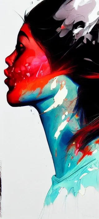 Image similar to profile view closeup!! of thick smoke from the lips of a young filipino woman, closeup, thick swirling smoke, by conrad roset, long paint brush strokes, dramatic lighting, painting trending on artstation