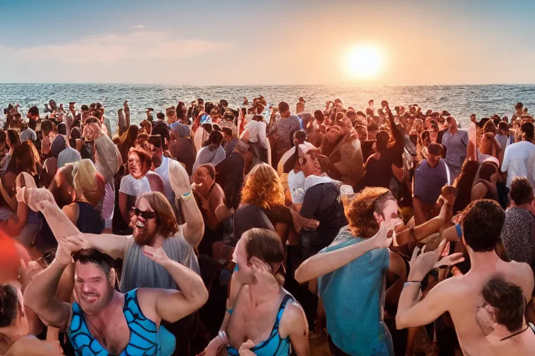 Image similar to everyone dancing at a party at the beach, drinking, food, bar, music, praising the sun, golden hour, cinematic, atmospheric, 8k resolution, Hyperrealistic