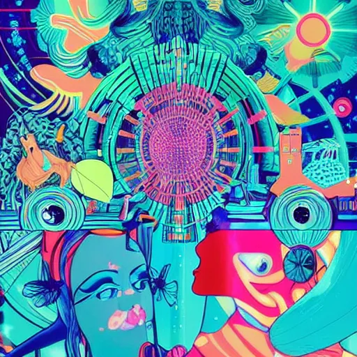 Image similar to futuristic disco, colors and shapes by tristan eaton and james jean, chiho aoshima color scheme