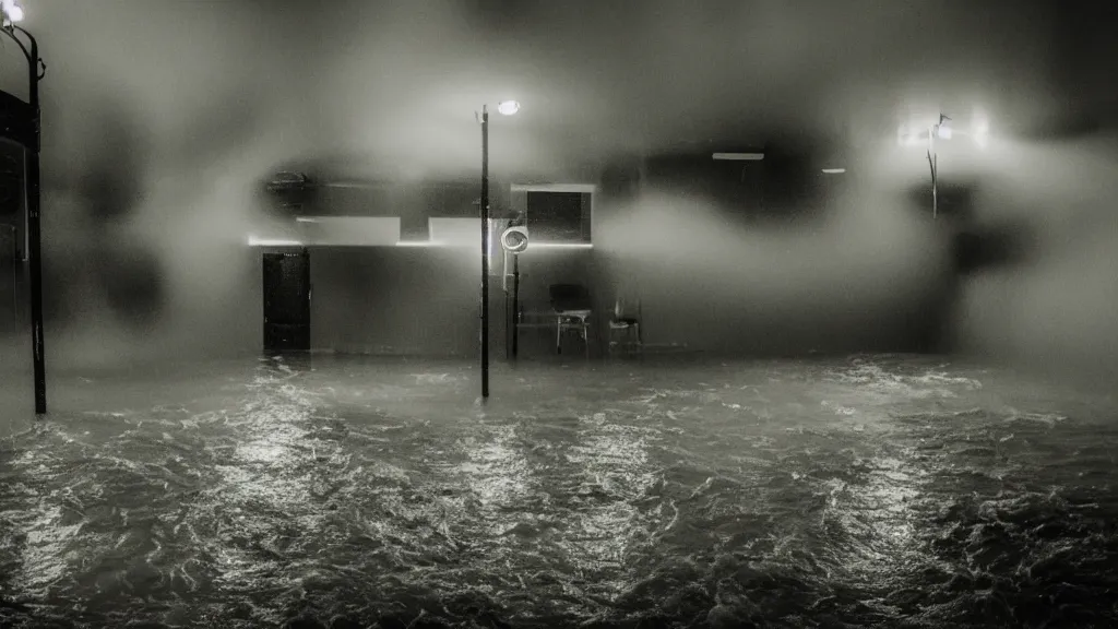 Prompt: photo of a green room getting flooded by a hurricane, high contrast lighting