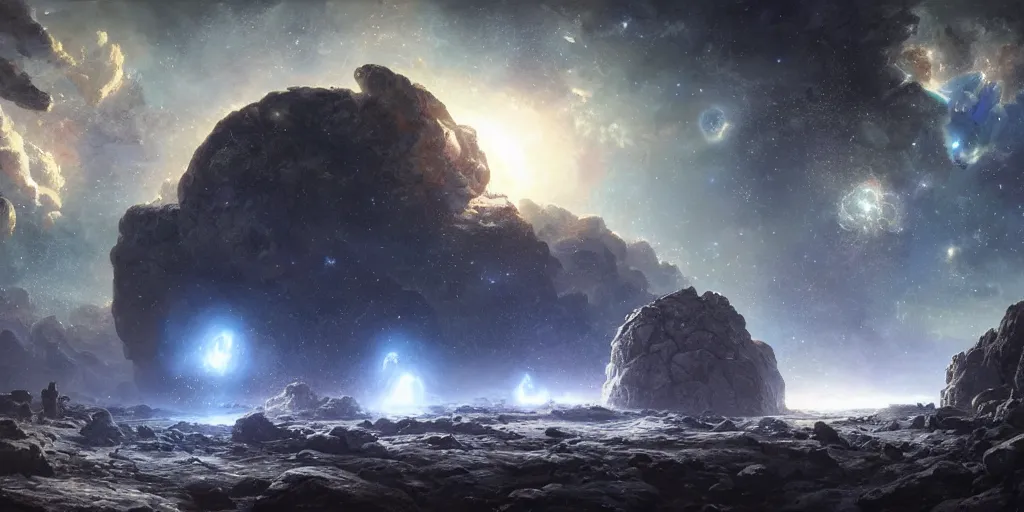 Image similar to an orb of energy and wisdom floats through a godly asteroid field, an epic nebula fills the sky, Ivan Shishkin and Greg Rutkowski