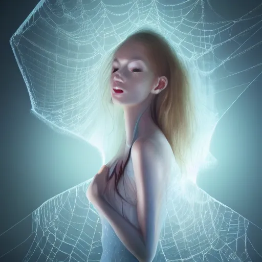 Image similar to A very detailed digital art rendering and concept design of a stunning young ethereal woman beautifully positioned and beautifully intertwined in realistic chromatic liquid like shot webs, art by Andrew Chiampo and Frederik Heyman, volumetric lighting, three dimensions, a digitally transformed environment, user interface design, 3D modeling, illustration, and transportation design, fantasy, hyper realism, 4k