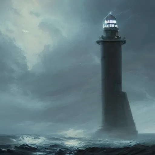 Image similar to star wars concept art by greg rutkowski, a brutalist giant tower in the shape of a lighthouse in the middle of a raging and stormy ocean, lightning storm and gale force winds, dark environment, dramatic atmosphere, artstation hq.