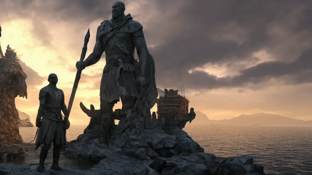 Prompt: statue of giant man guarding entrance to harbor, game of thrones, volumetric lighting, fantasy artwork, very beautiful scenery, very realistic painting effect, hd, hdr, cinematic 4 k wallpaper, 8 k, ultra detailed, high resolution, artstation