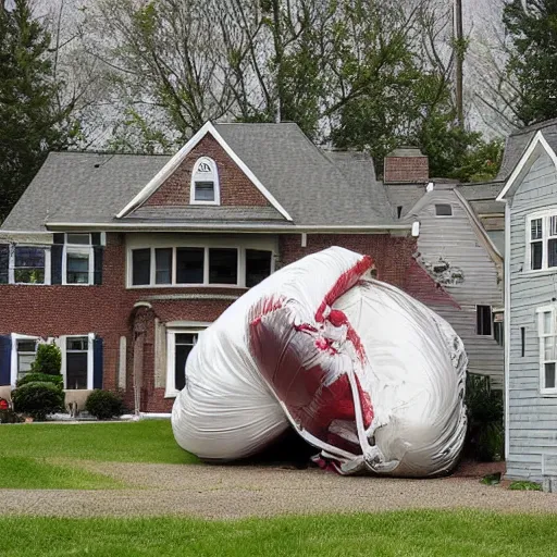 Image similar to a deflating house in a suburban neighborhood