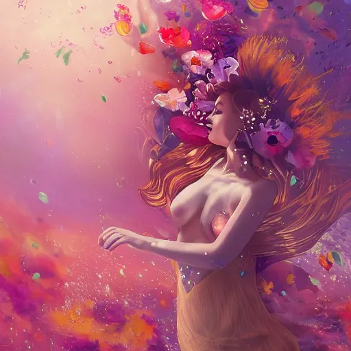 Prompt: Ginger woman in a swirling sundress of flowers, underwater, floral explosion, radiant light, vortex of plum petals, by WLOP, Tristan Eaton and artgerm, artstation, deviantart
