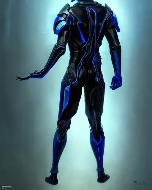 Image similar to character concept of iridescent sinewy smooth muscular male sleek glossy bluish black pearlescent scifi armor with smooth black featureless helmet, by greg rutkowski, mark brookes, jim burns, tom bagshaw, magali villeneuve, eve ventrue, trending on artstation