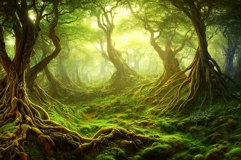 Image similar to a beautiful and highly detailed digital painting of an elven tree with celtic roots in a lush forest, psychedelic patterns, intricate details, epic scale, 8 k, sharp focus, photorealism, artstation, cgsociety, by caspar friedrich, albert bierstadt, james gurney, brian froud,
