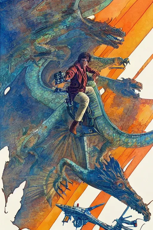 Prompt: han solo riding a dragon, full view, science fiction, art by jean giraud, moebius, juan gimenez, in watercolor gouache detailed paintings, in style of syd mead, colorful comics style, artstation