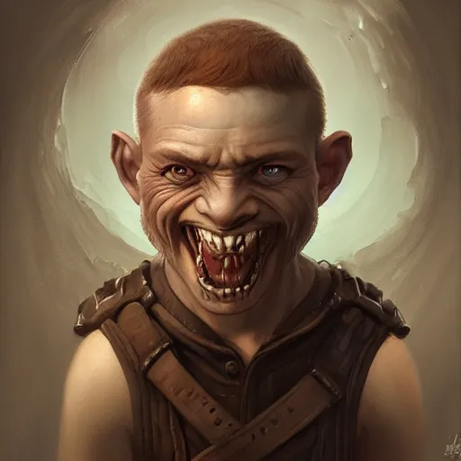 Image similar to a detailed matte head - on portrait painting of an ugly halfling man, with a large scar and missing teeth portrait by charlie bowater, lise deharme, wlop, tending on arstation, dungeons and dragon, dnd, pathfinder, fanart, oil on canvas