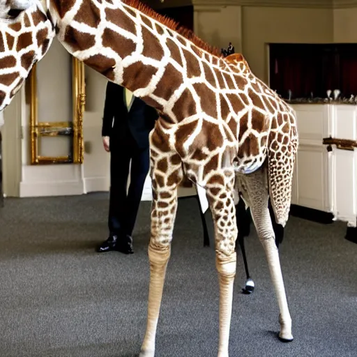 Image similar to a giraffe dressed as a butler