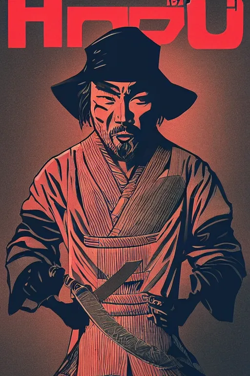 Prompt: 1 9 7 9 omni magazine cover of hiroyuki sanada in a samurai hat. simple stylized cyberpunk photo by josan gonzalez.