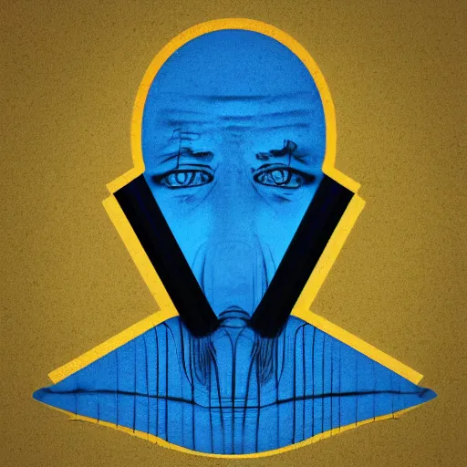 Image similar to human man that resembles a wasp morh in surreal sketch style, blue and yellow gradient, noise, ultrafine detail, hd 8k, logo illustration