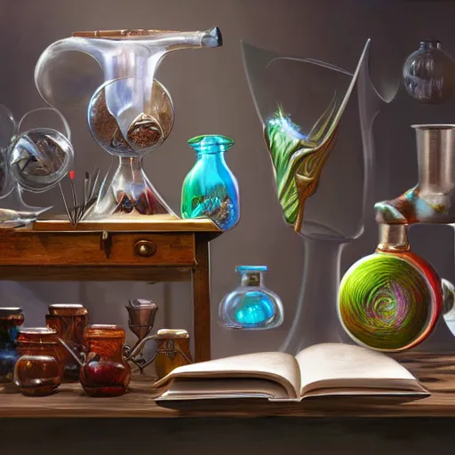Prompt: hyper real, table, wizards laboratory, lisa parker, tony sart, mortar, pestle, scales, energy flowing, magic book, beakers of colored liquid