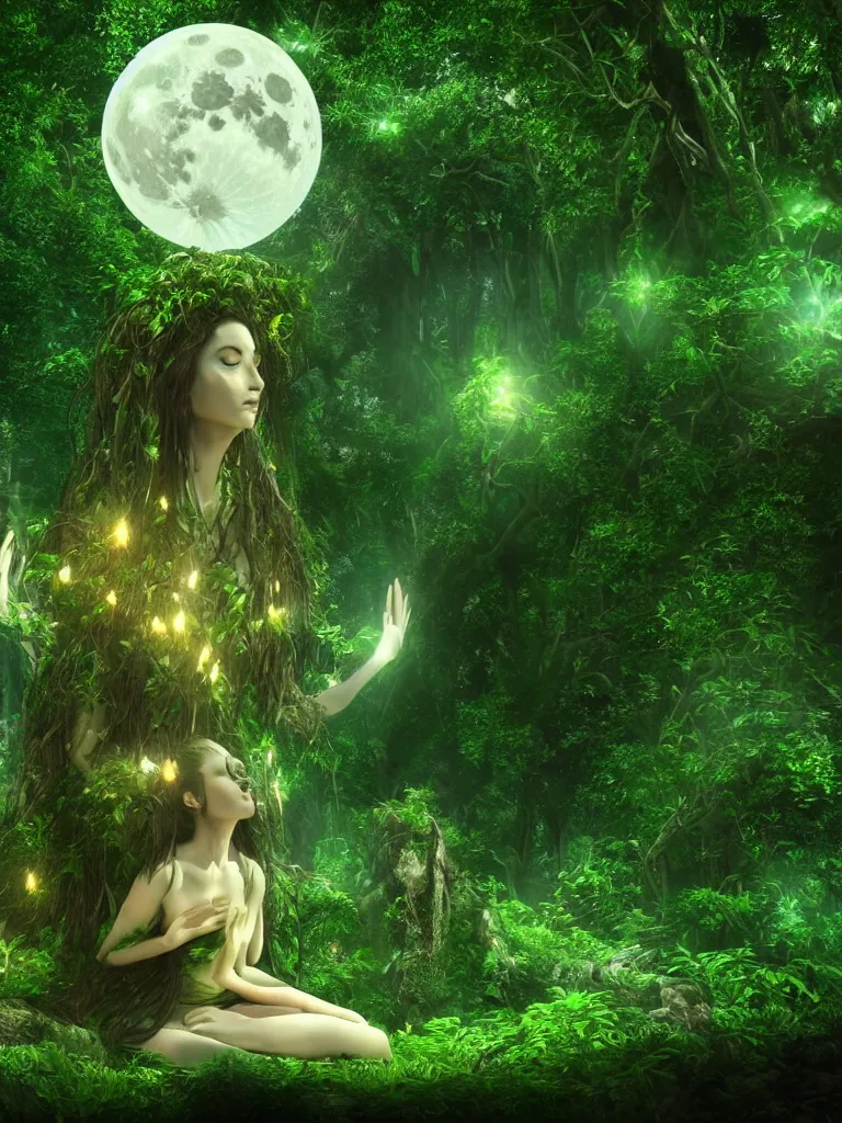 Image similar to an ancient mystical alluring female witch generating flowing energy and surrounded by wisps of green magic sits meditating in a magical overgrown garden temple, large full moon in sky, 3 d, cinema 4 d render, trending on artstation