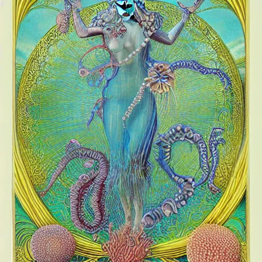 Image similar to tarot card intricate of ocean goddess by Ernst Haeckel,coral,pearls,jellyfish,vivid color