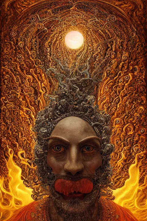 Image similar to Intricate stunning highly detailed deity by agostino arrivabene and Vladimir Kush, surreal metal sculpture, ultra realistic, Horror, dramatic lighting, full moon, blood moon, thick black swirling smoke tornado, burning fire embers, artstation