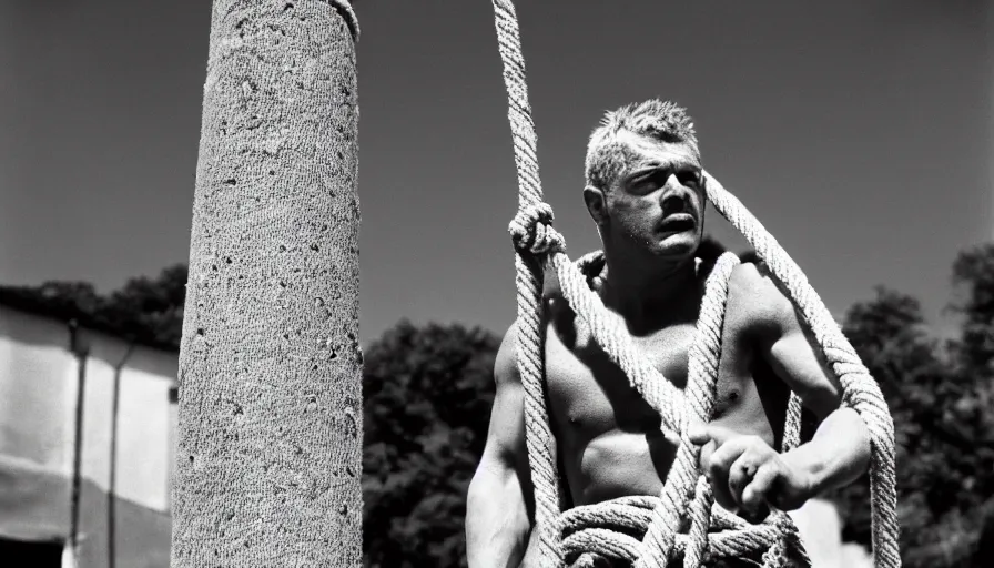 Prompt: 1 9 6 0 s movie still close - up of marcus atilius regulus tied with ropes at a pole with his bleeding eyes looking at the sun, cinestill 8 0 0 t 3 5 mm eastmancolor, high quality, heavy grain, high detail, texture, dramatic light, anamorphic, hyperrealistic, detailed hair