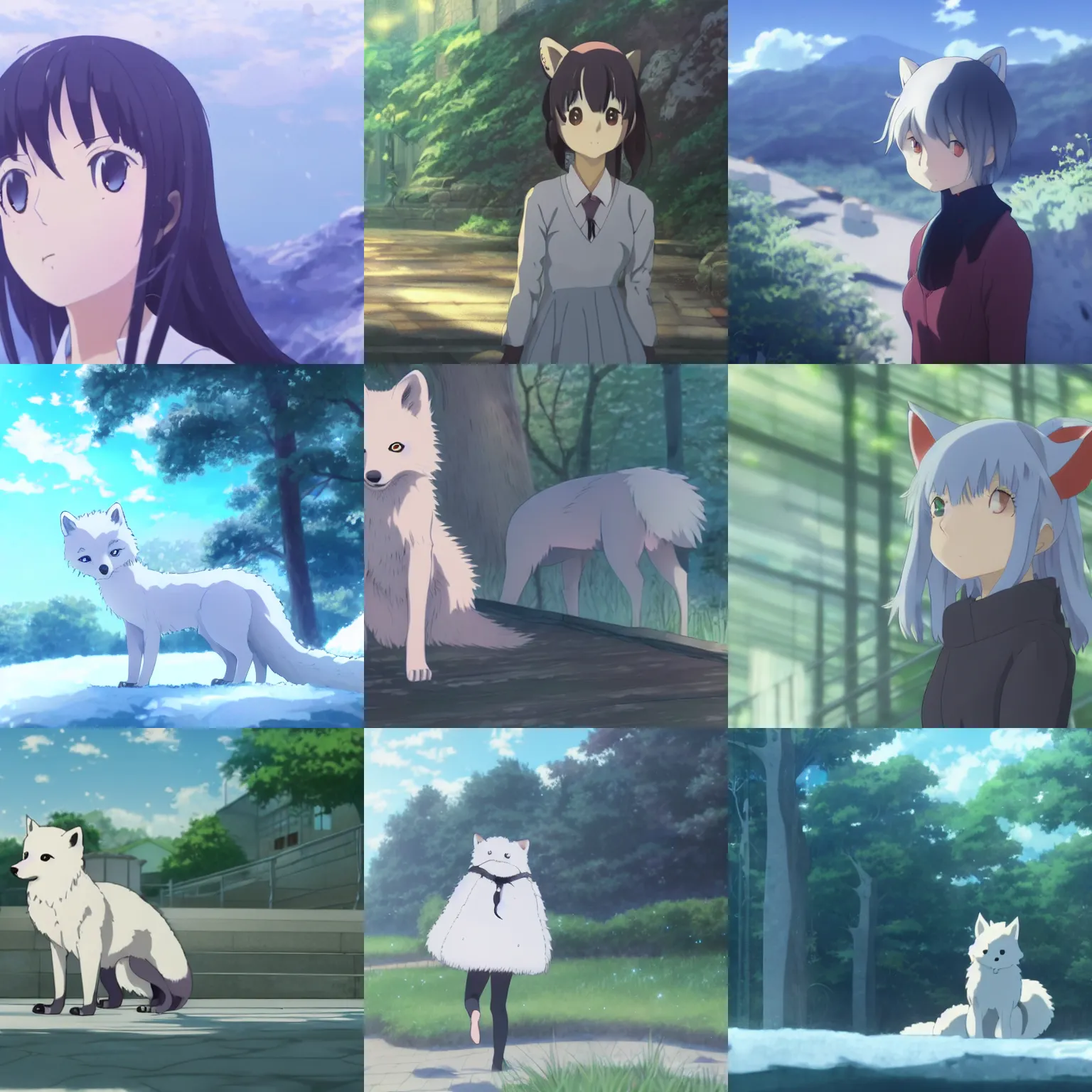 Prompt: an anime high school girl as an arctic fox, portrait, Makoto shinkai, Kyoto animation, aniplex