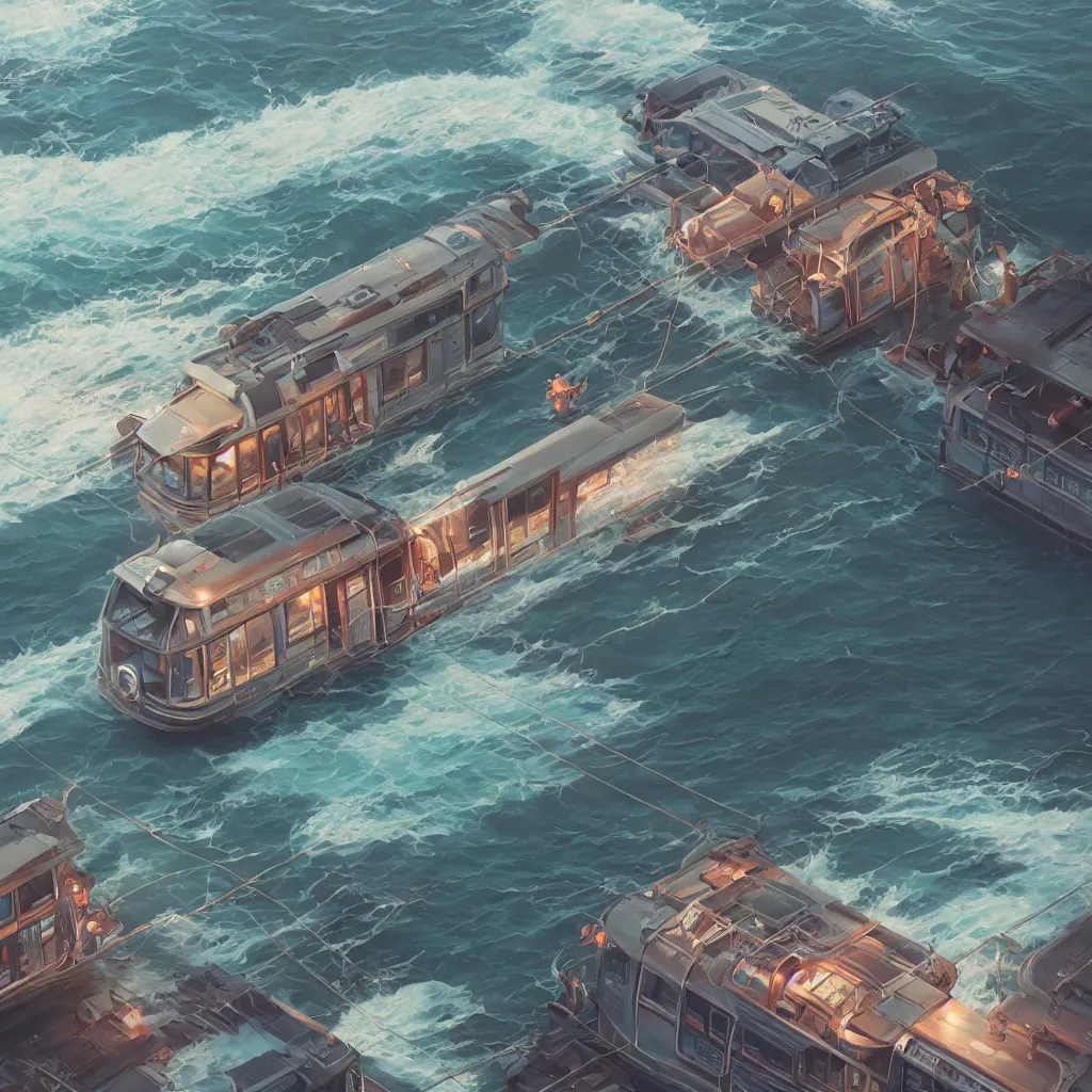 Prompt: a streetcar is running on the sea, unreal engine, fantasy art by greg, loish, rhads, ferdinand knab, makoto shinkai and lois van baarle, ilya kuvshinov, rossdraws, tom bagshaw, night lighting, trending onstudio ghibli, highly detailed, octane render, 8 k