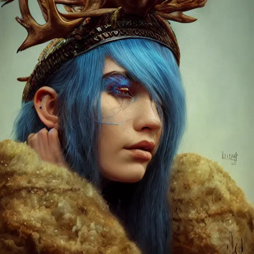 Image similar to A young female shaman, blue hair and antlers on her head. blindfolded, heilung, in the style of Heather Theurer, headshot photoshoot, insanely detailed and intricate, beautiful, elegant, cinematic toplight, portrait, headroom, artstation, karol bak