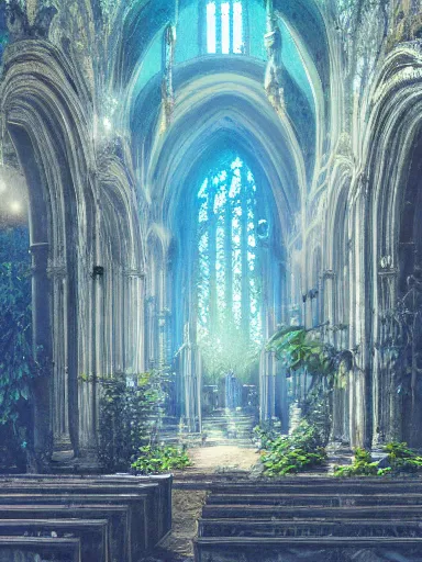 Image similar to interior of an overgrown church, blue color palette, concept art, detailed, intricate complexity, artstation