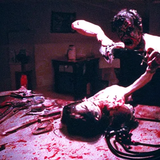 Prompt: filmic extreme wide shot dutch angle movie still 35mm film color photograph of a doctor getting his head sliced clean in half, dripping blood, in the style of an intense nightmarish realistic very disturbing extreme horror film