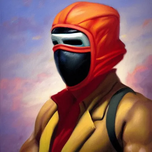 Image similar to an oil painting of Vega from street fighter wearing his mask in the style of Frederic Remington