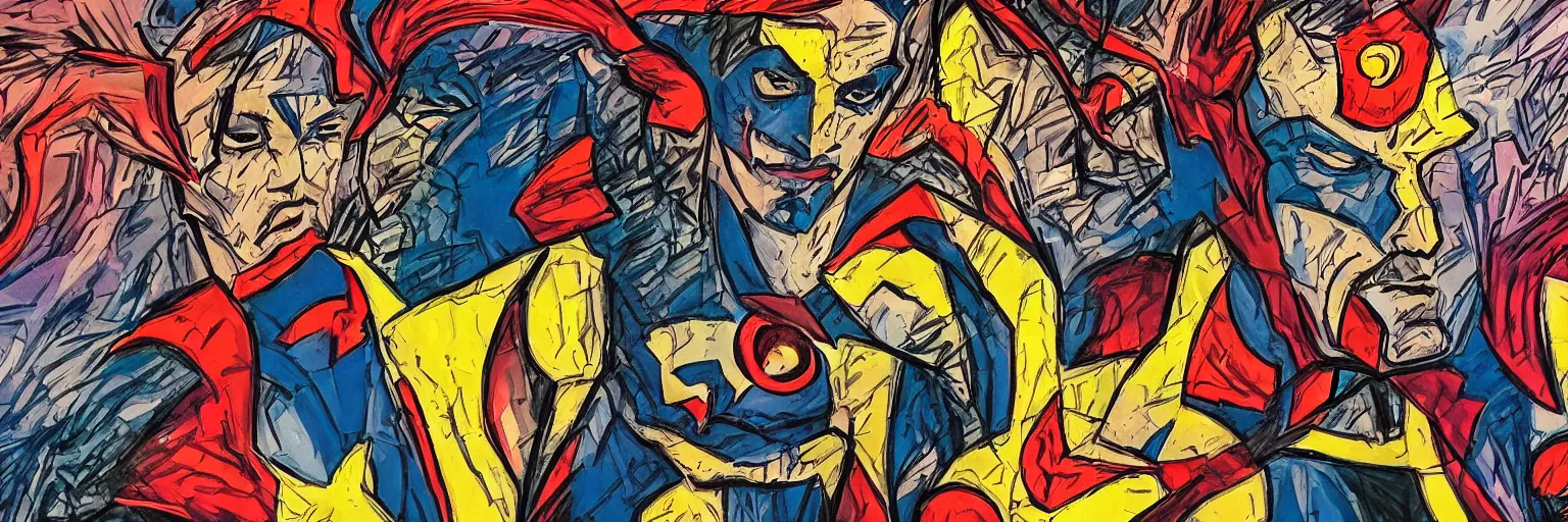 Prompt: abstract comic book art of people, dc comics, modern art,