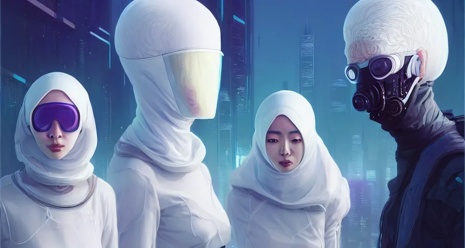 Prompt: portrait of yael shelbia and kang seul - gi, venus squid astronaut, burka, white hair, intricate design details. cyberpunk, rioter, by ruan jia, beeple and richard corben. smooth gradients, deep space.