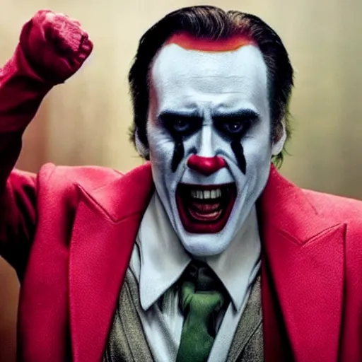 Image similar to nicolas cage as joaquin phoenix joker, screencap from joker movie, highly detailed