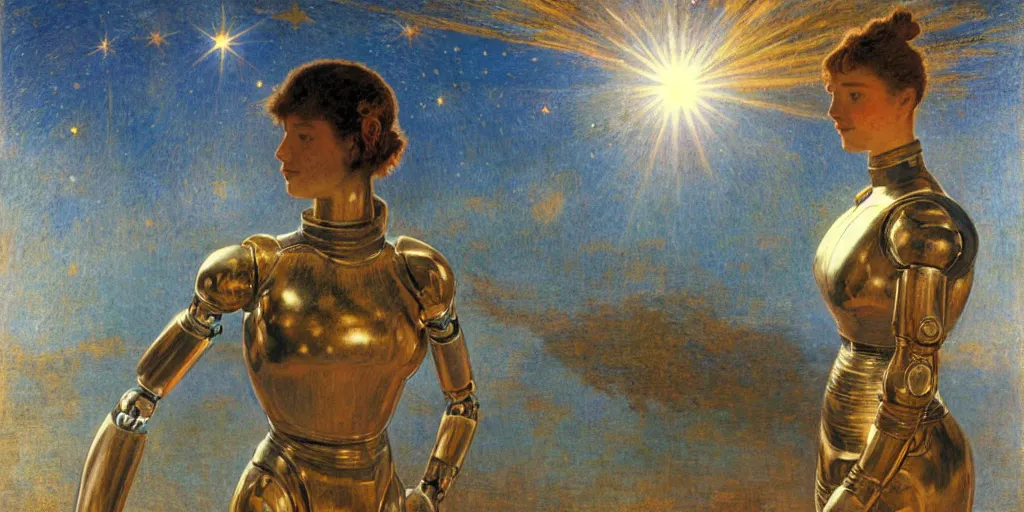 Prompt: portrait of a chrome female robot, reflections, mirroring, stars in space, rich clouds, warm azure tones, heavy lensflare, color bleed, film grain, depth of field, jules bastien - lepage, rudolph belarski, johfra bosschart, alexandre cabanel