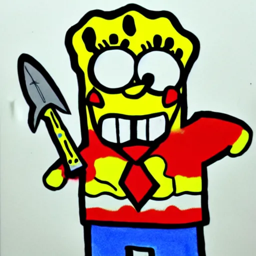 Image similar to rough sketch in crayola, spongebob squarepants cartoon character holding a kitchen knife, childish crayon art