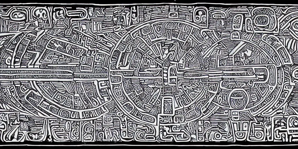 Image similar to mayan hieroglyph blueprints to a spaceship