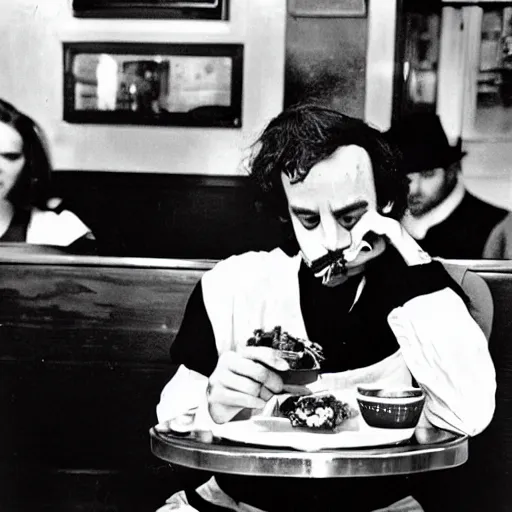 Image similar to edgar allen poe eating at a diner, photography, 8 k, 6 0 s,