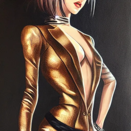 Prompt: yakuza slim girl, gold suit jacket in snake print, jacket over bare torso, yakuza tattoo on body, black short curtain haircut, black leather pants with black belt, elegant, 2d, ultra highly detailed, digital painting, smooth, sharp focus, artstation, art by artgerm, rossdraws