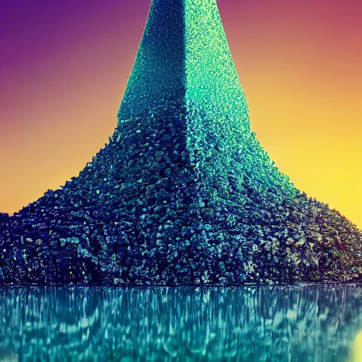 Image similar to a river of gold snaking up a crystal tower, teal sky