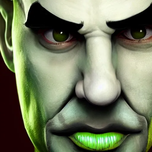 Image similar to Luigi in real life with joker makeup, realistic, very realistic, hyperrealistic, highly detailed, very detailed, extremely detailed, detailed, digital art, oil painting, trending on artstation, headshot and bodyshot, detailed face, very detailed face, extremely detailed face, HD Quality, 8k resolution