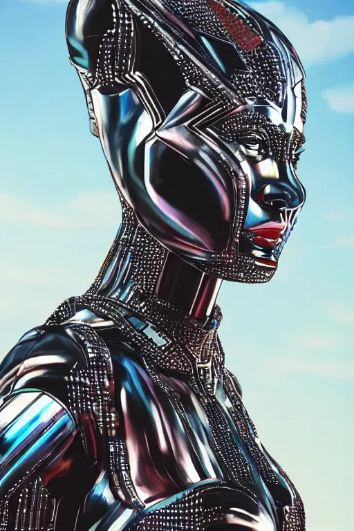 Prompt: full body portrait of the African Android Queen, by DC comics and Sandra Chevrier and beeple, artstation, volumetric lighting, hyperrealism, futuristic royalty, strong and muscular, award winning costume design, cybernetic bionic cyborg, fashion show runway, futuristic fine textures, woven with electricity, high fashion superpowers, wakanda, 4k UHD, 35mm