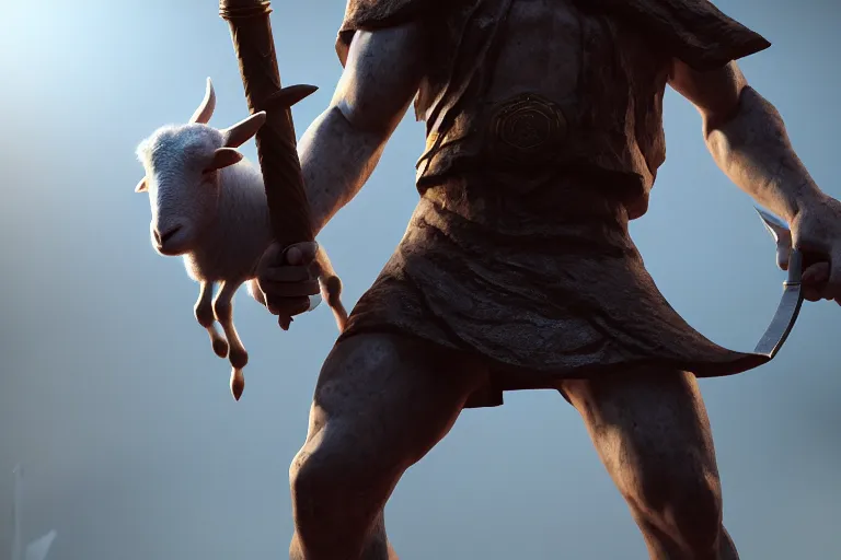 Prompt: biblical cain holding a lance and able holding a lamb, volumetric lighting, epic composition, hyper detailed, ultra realistic, sharp focus, octane render, volumetric, ray tracing, artstation trending, sense of awe, 4 k