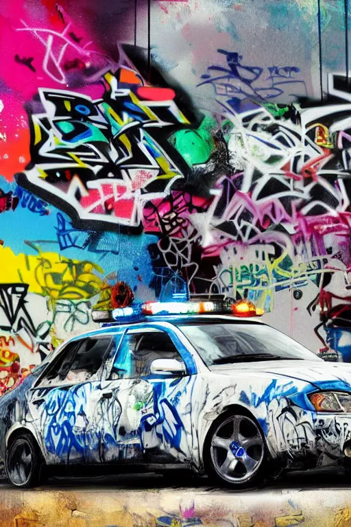 Image similar to a police car covered in graffiti by mia brownell, art by anna hotchkis, antonio saura, very detailed, maximalism, ambient occlusion, volumetric light, atmospheric haze, hyper realism, futuristic but colorful shading, cinematic composition, realistic render, photography, wide shot