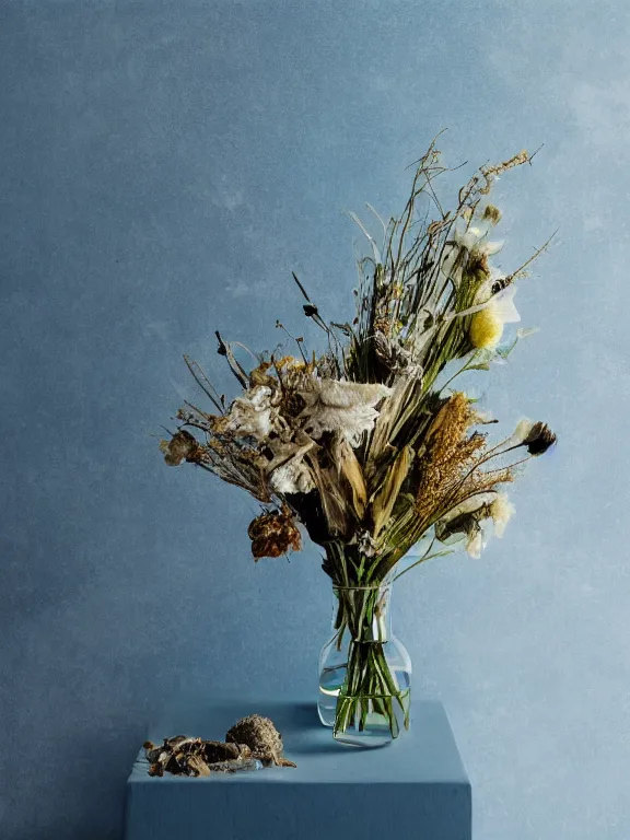 Prompt: a medium-shot still life with messy dried bouquet, in a glass vase shaped as a skull, on seablue handmade wallpapers background, studio lightning oil on canvas