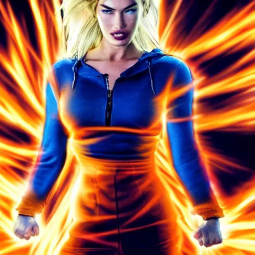 Image similar to face photo of megan fox as super saiyan as goku powering up wearing hoodie electric energy dramatic lighting by annie leibovitz