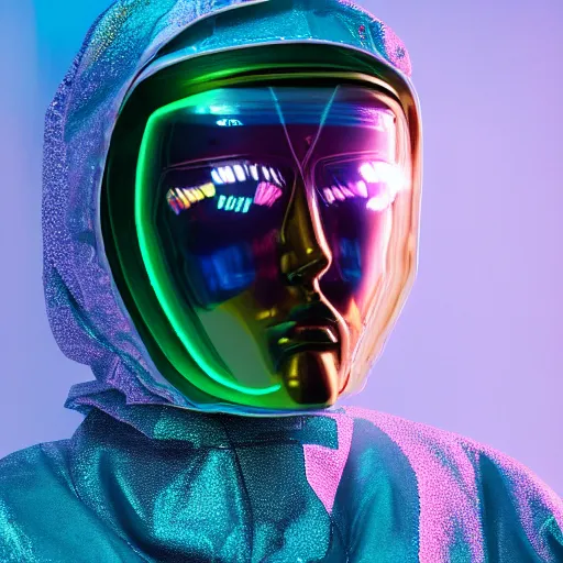 Image similar to an ultra high definition professional studio quality photograph of an artificially intelligent cyberpunk art influencer wearing a transparent iridescent pastel coloured face visor and matching bubbly puffy raincoat on white coat hook in a sheer icelandic black rock environment. dramatic lighting. volumetric shadows. light rays