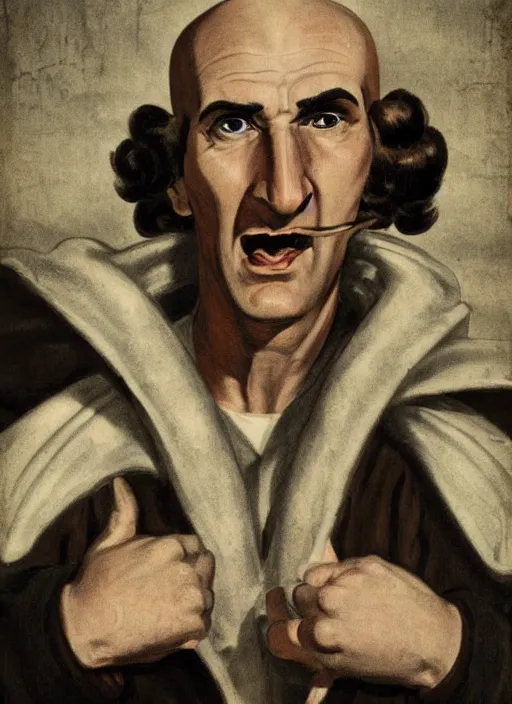 Image similar to portrait of glamorous bald medieval man with big nose and annoyed gesture,look of hate, threatening pose, 1940s propaganda poster, full hd,highly detailed