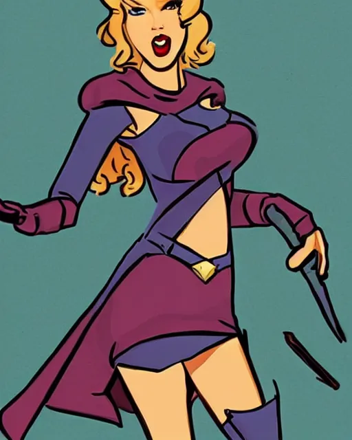 Image similar to taylor swift as a super hero similar to seraphine from league of legends with a microphone in her hand as her weapon drawn in a 1 9 5 0 s cartoon on a saturday morning style, hugh quality, very well proportioned silhouette