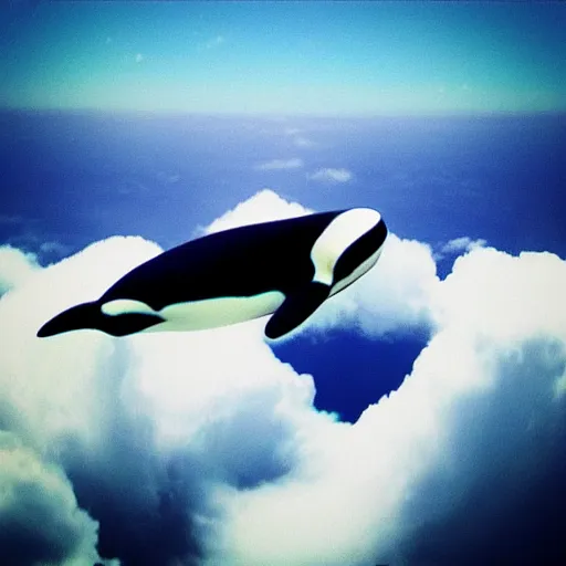 Image similar to photo of !dream “An orca jumping out of a sea of clouds”