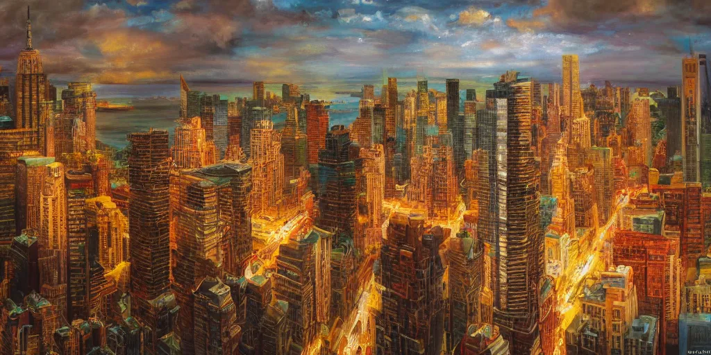 Prompt: NYC on a tropical island, cinematic lighting, detailed oil painting, hyperrealistic, 8k