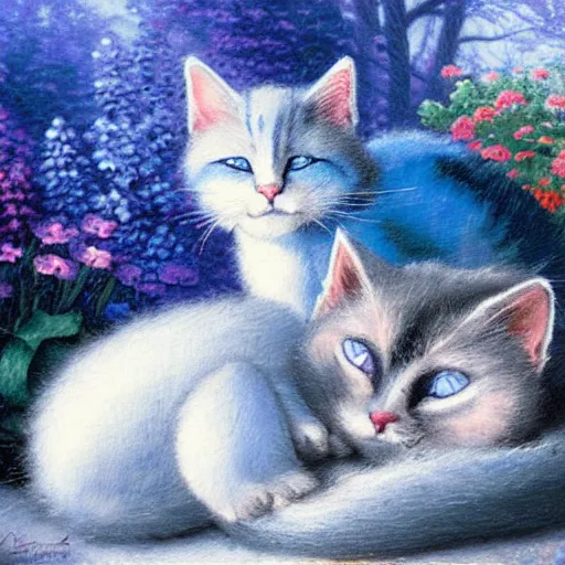 Prompt: blue cat and white cat sleep together by Thomas Kinkade